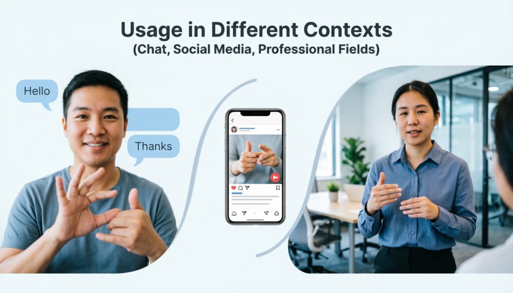 Usage in Different Contexts (Chat, Social Media, Professional Fields)